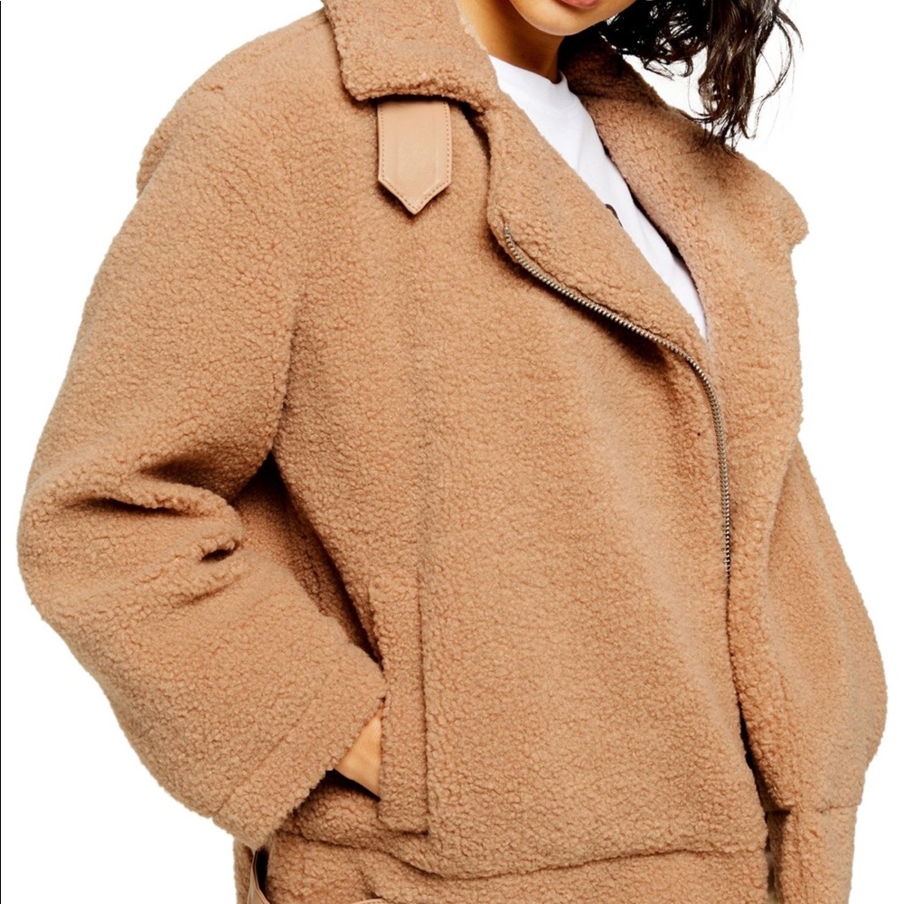 Topshop Petite Faux Shearling Biker Jacket - Picture 2 of 6